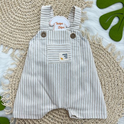 Jardineira em Linho Listrada Bege e camiseta Marinho